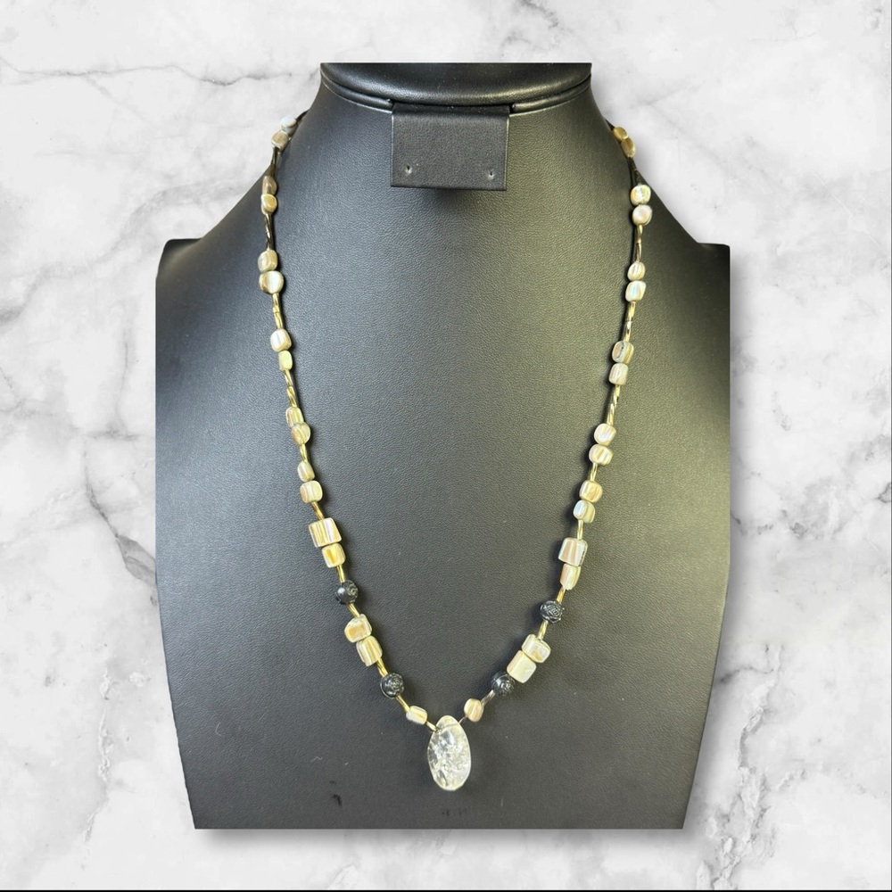 237. Vintage Hand Carved Stone Necklace w/ Black Rose Beads‎ 25" Women's